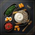 TITAN Zambian Kapenta Fish Nshima Breakfast flat lay dark luxury