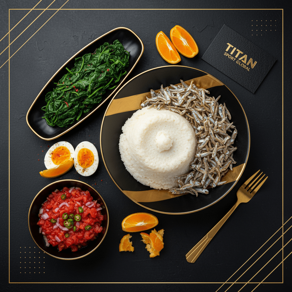 TITAN Zambian Kapenta Fish Nshima Breakfast flat lay dark luxury