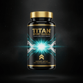 TITAN Carnosine Beta-Alanine Dipeptide black glass bottle with 24K gold accents and instant activation starburst artwork in electric cyan and teal