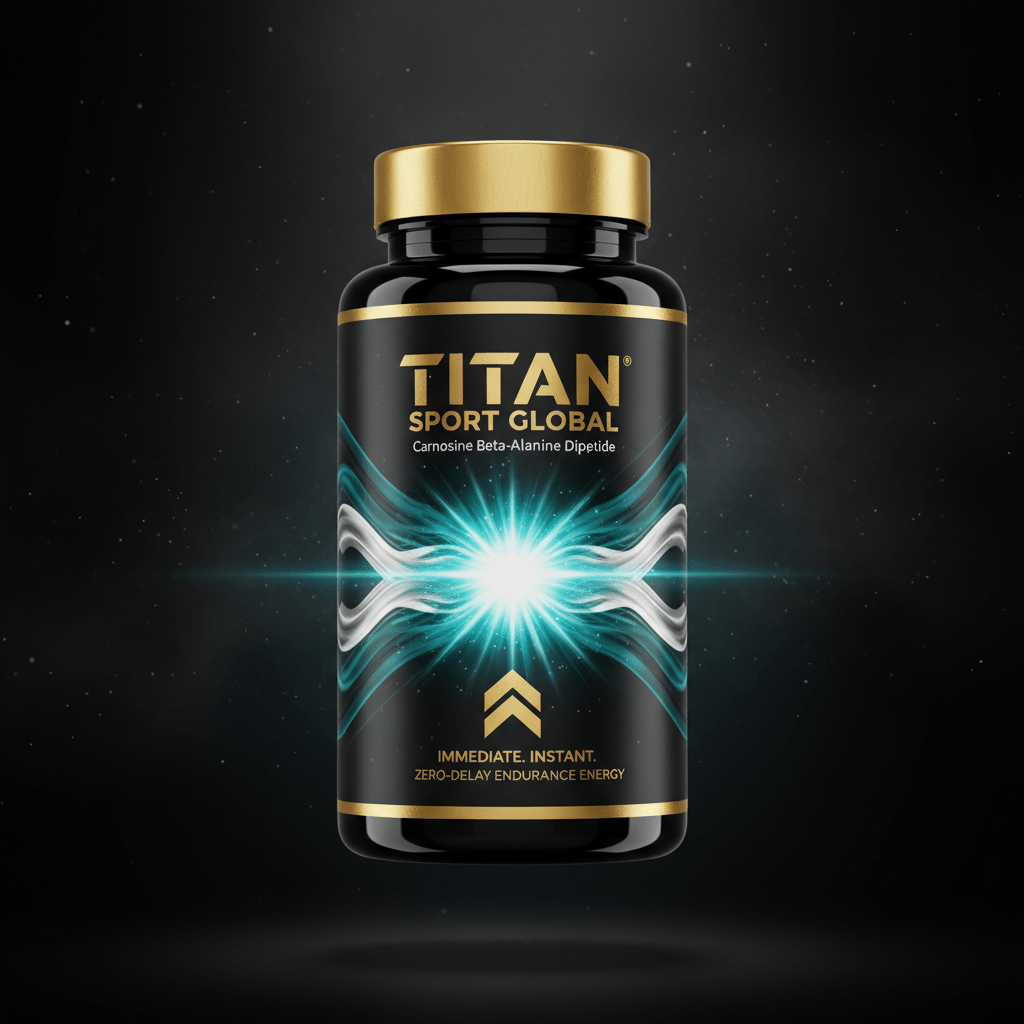 TITAN Carnosine Beta-Alanine Dipeptide black glass bottle with 24K gold accents and instant activation starburst artwork in electric cyan and teal