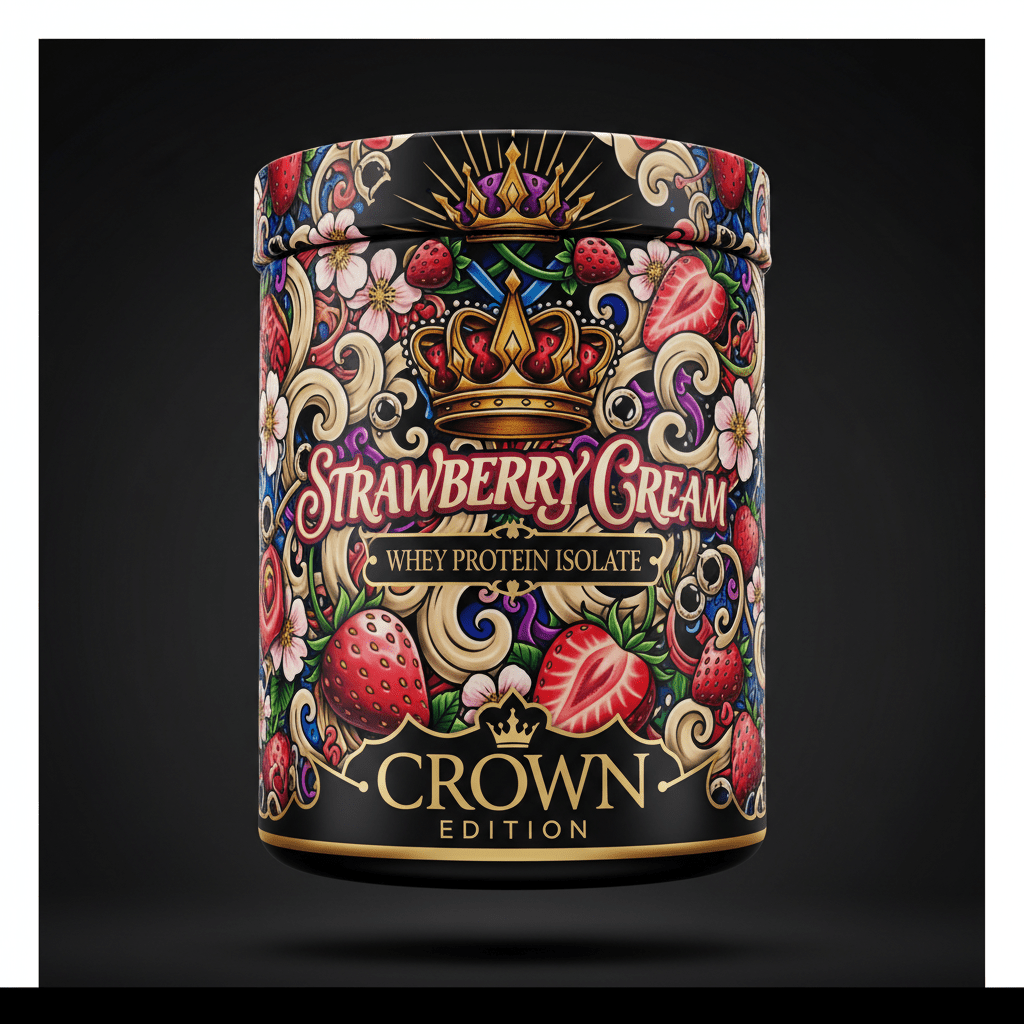 TITAN Whey Protein Isolate Strawberry Cream — Crown Edition bold tattoo-style artwork