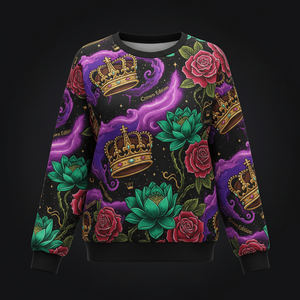 TITAN Crown Edition Tattoo Art Women's Lounge Crewneck - bold galaxy lotus tattoo artwork on matte black heavyweight fleece