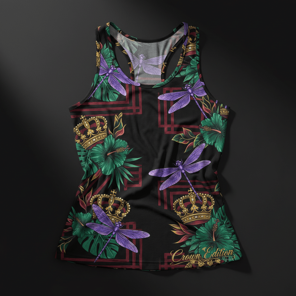 TITAN Crown Edition Tattoo Art Women's Lounge Racerback Tank - bold dragonfly bloom tattoo artwork on matte black pima cotton