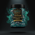 TITAN Spirulina and Chlorella Tablets container with algae swirls, ocean waves and crown tattoo-style Crown Edition artwork in deep teal, electric green and gold