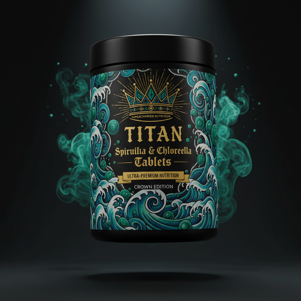 TITAN Spirulina and Chlorella Tablets container with algae swirls, ocean waves and crown tattoo-style Crown Edition artwork in deep teal, electric green and gold
