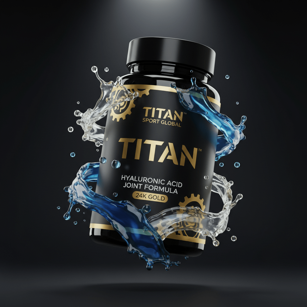 TITAN Hyaluronic Acid Joint Formula black glass bottle with 24K gold accents and flowing synovial fluid droplet artwork in sapphire blue, aqua and silver