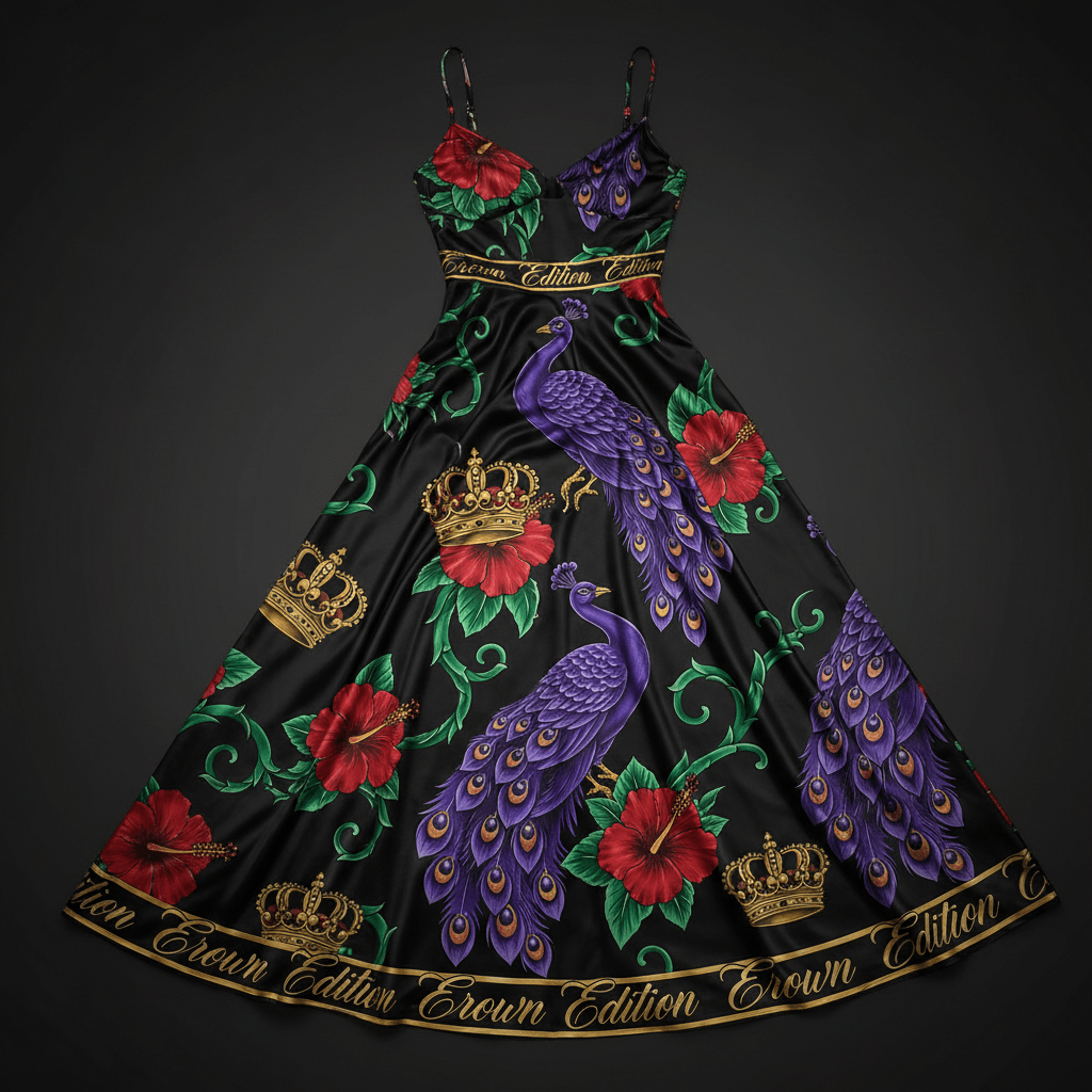 TITAN Crown Edition Tattoo Art Women's Lounge Maxi Dress - bold colorful tattoo artwork on matte black satin fabric