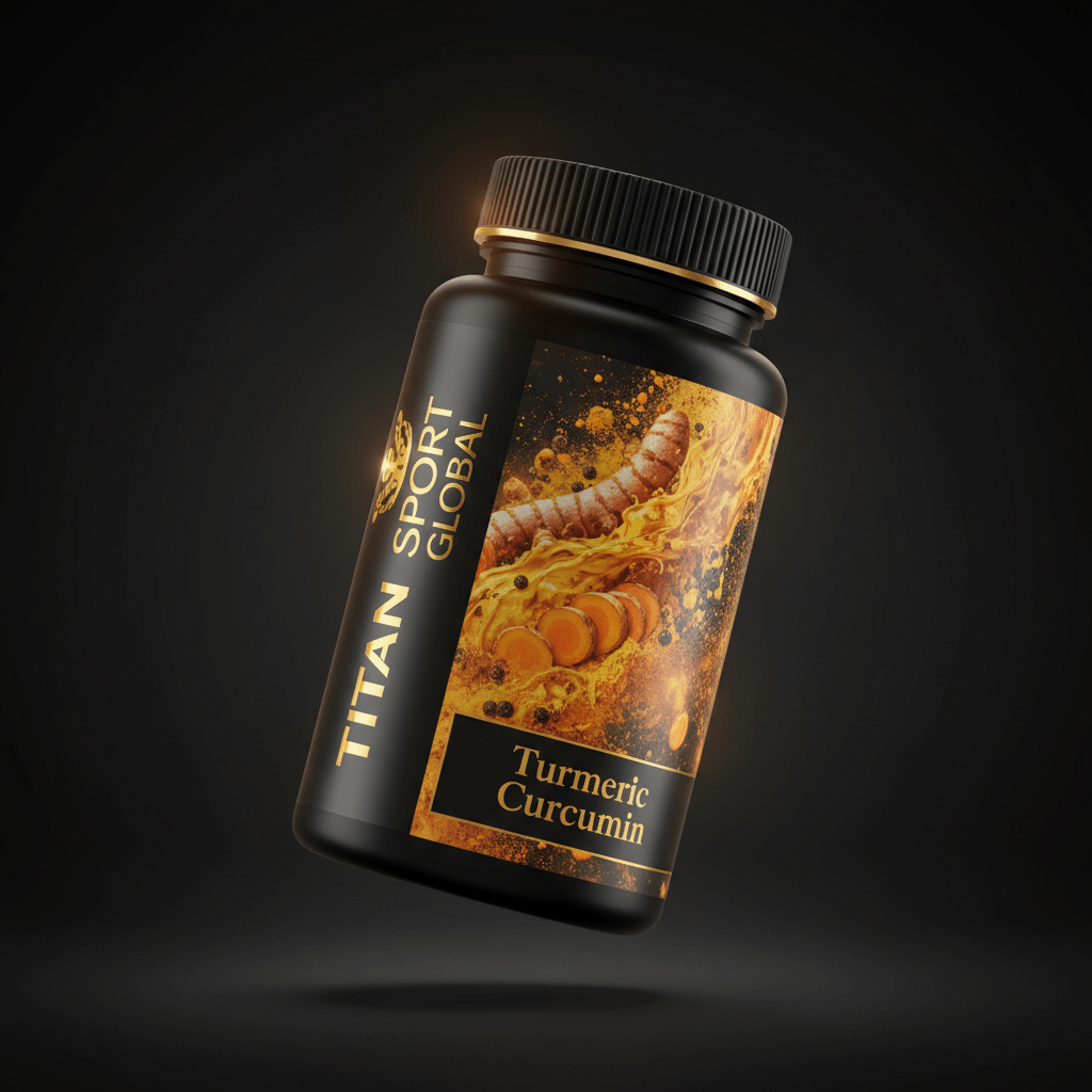 TITAN Turmeric Curcumin supplement bottle with Crown Edition matte black and gold packaging featuring swirling liquid gold and turmeric root artwork in saffron and amber