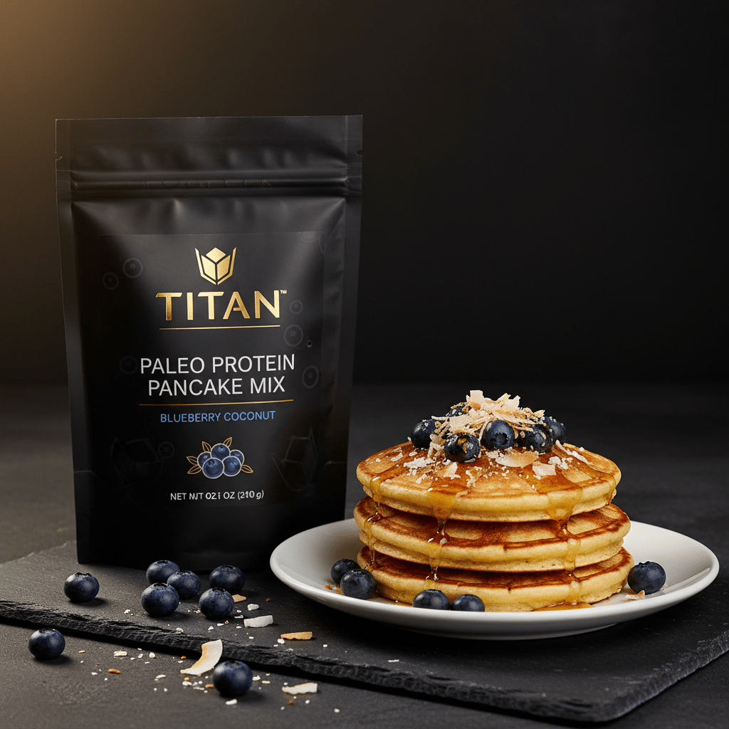 TITAN Paleo Protein Pancake Mix Blueberry Coconut — bright breakfast lifestyle shot with fluffy pancake stack, fresh blueberries and coconut flakes
