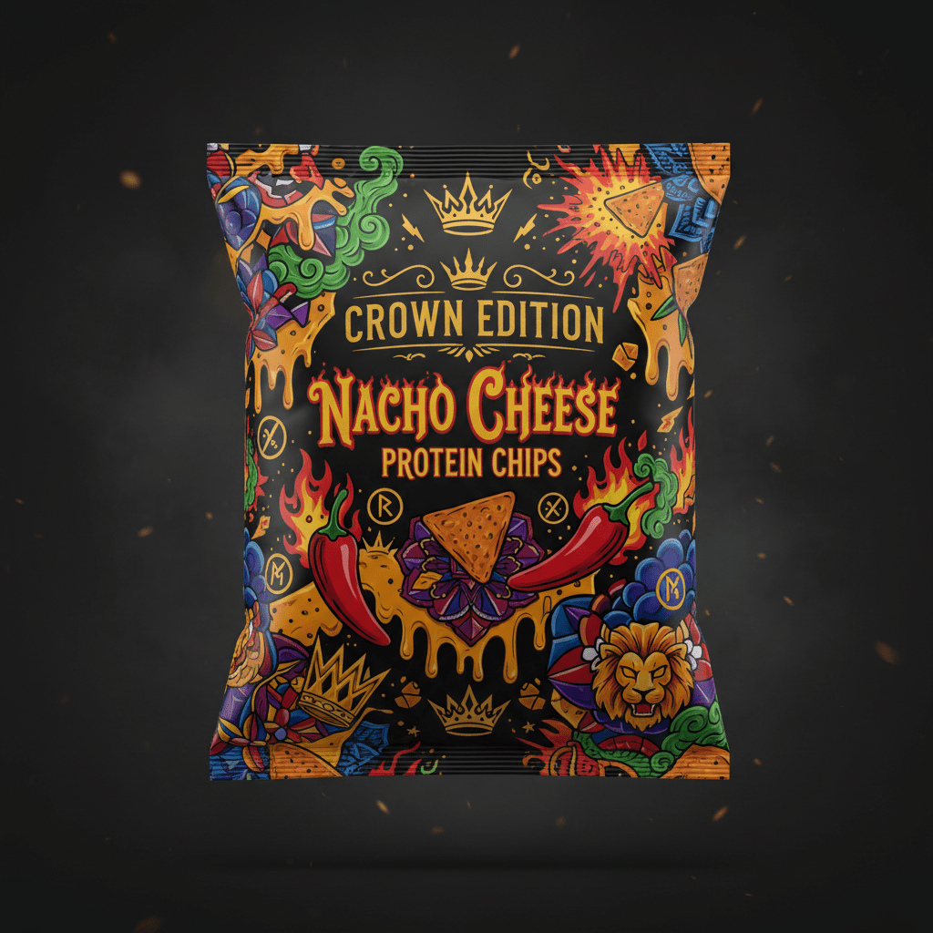 TITAN Protein Chips Nacho Cheese — Crown Edition bold tattoo-style artwork