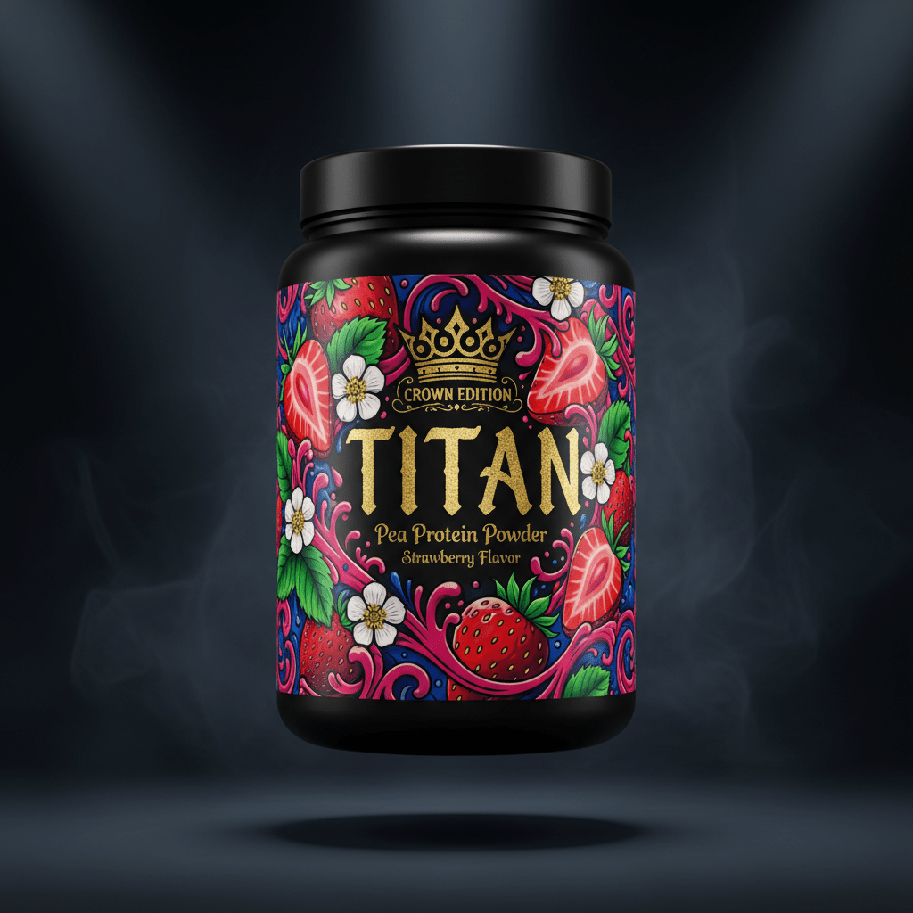 TITAN Pea Protein Powder — Strawberry, Crown Edition tattoo-style artwork