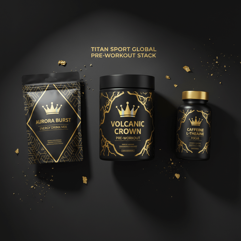 TITAN Pre-Workout Stack — Volcanic Crown Pre-Workout, Aurora Burst Energy Drink Mix & Focus Caps flat lay