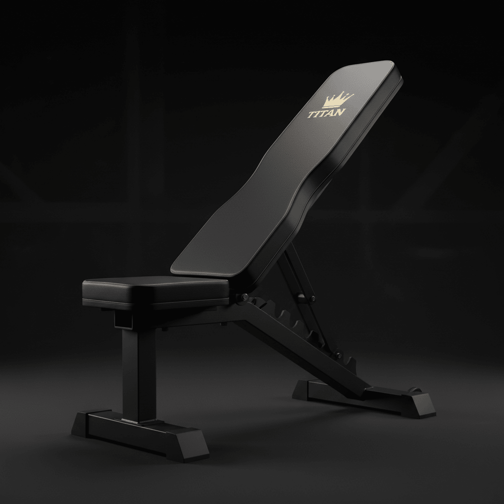 TITAN Adjustable Weight Bench — Matte black steel frame with gold crown logo and foam padding