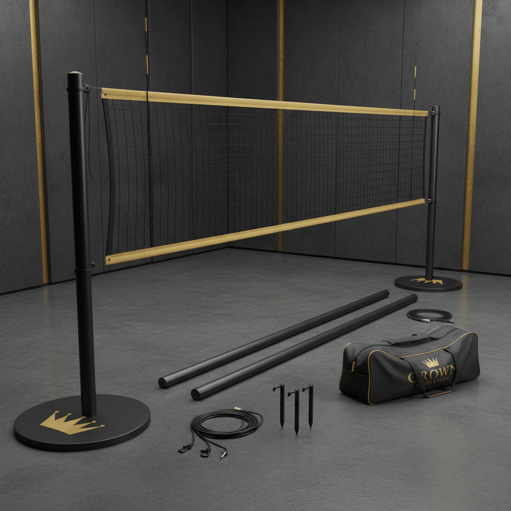 TITAN Volleyball Net and Poles Set Crown Edition matte black steel poles gold crown logo base plates regulation braided net carry bag