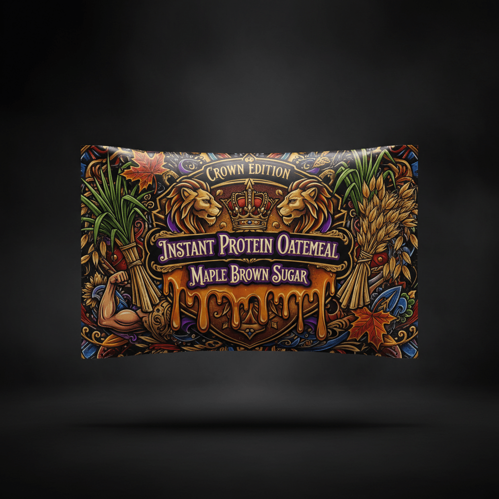 TITAN Instant Protein Oatmeal Maple Brown Sugar — Crown Edition bold tattoo-style artwork