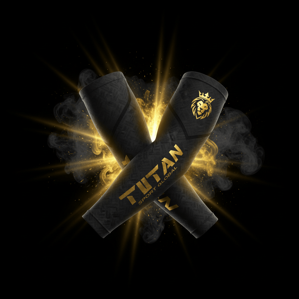 TITAN SPORT GLOBAL basketball arm sleeves with gold crown branding on dark background