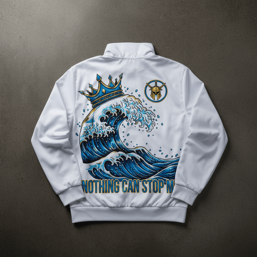 TITAN Rise Above Windbreaker Crown Storm Breaker arctic white electric blue gold warrior streetwear