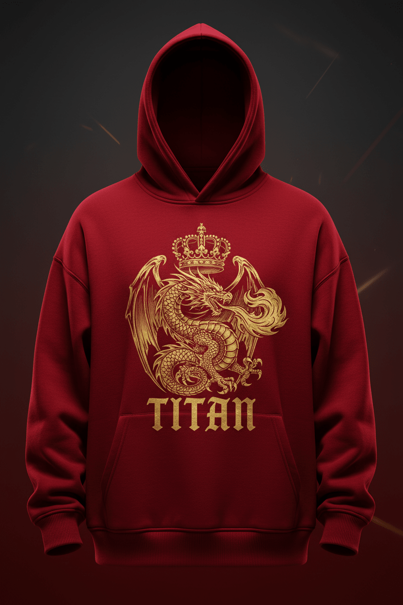 TITAN Dragon Crown Oversized Hoodie in Crimson Red with gold dragon crown graphic