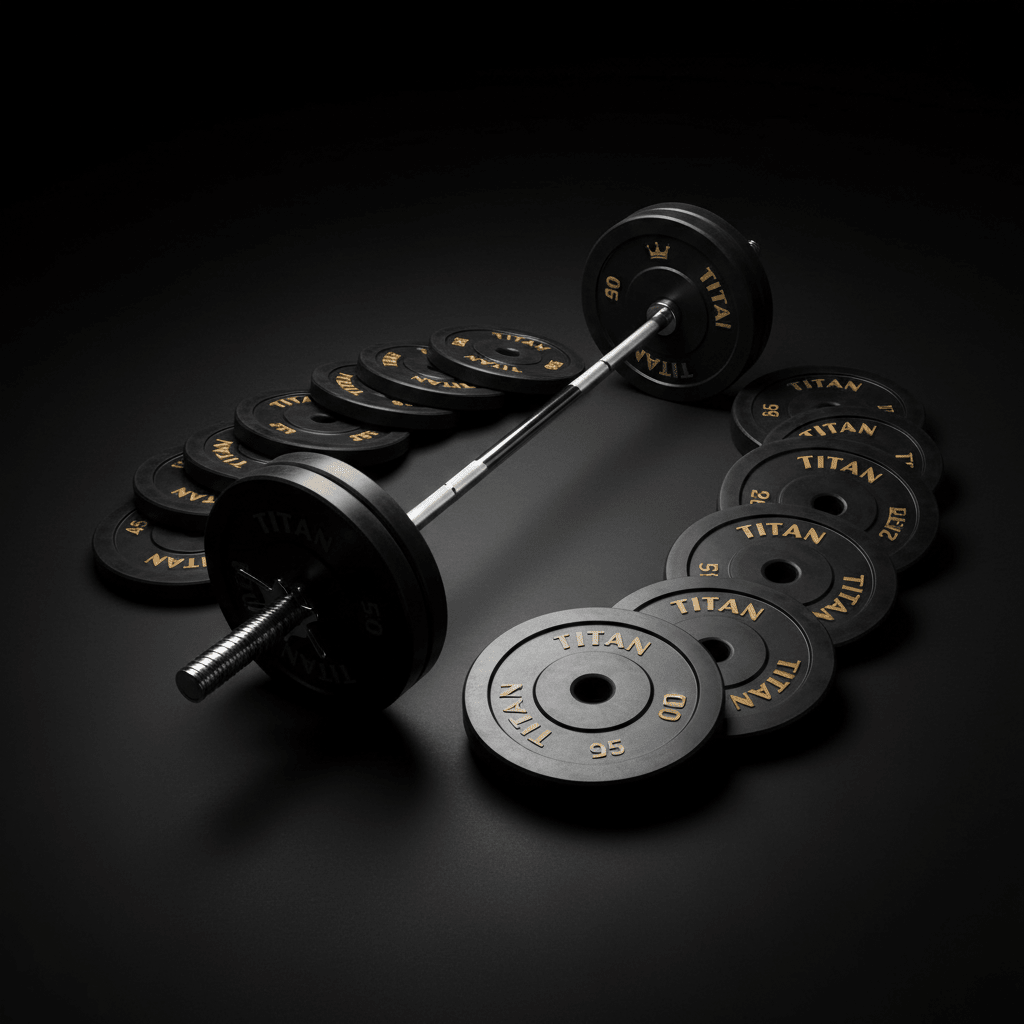 TITAN Barbell & Weight Plate Set — Olympic barbell with black rubber plates and gold crown logo