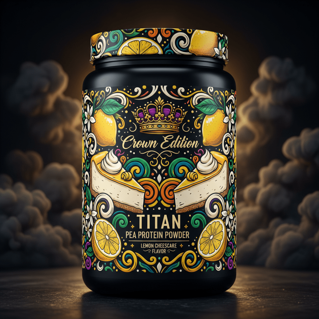 TITAN Pea Protein Powder — Lemon Cheesecake, Crown Edition tattoo-style artwork