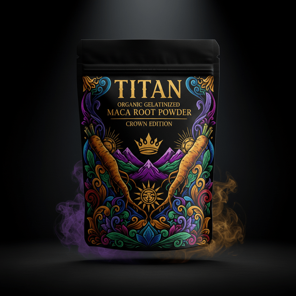 TITAN Organic Maca Root Powder — Gelatinized, Crown Edition tattoo-style artwork