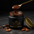 TITAN Almond Butter Dark Chocolate Crown Edition — premium wide-mouth black glass jar product shot