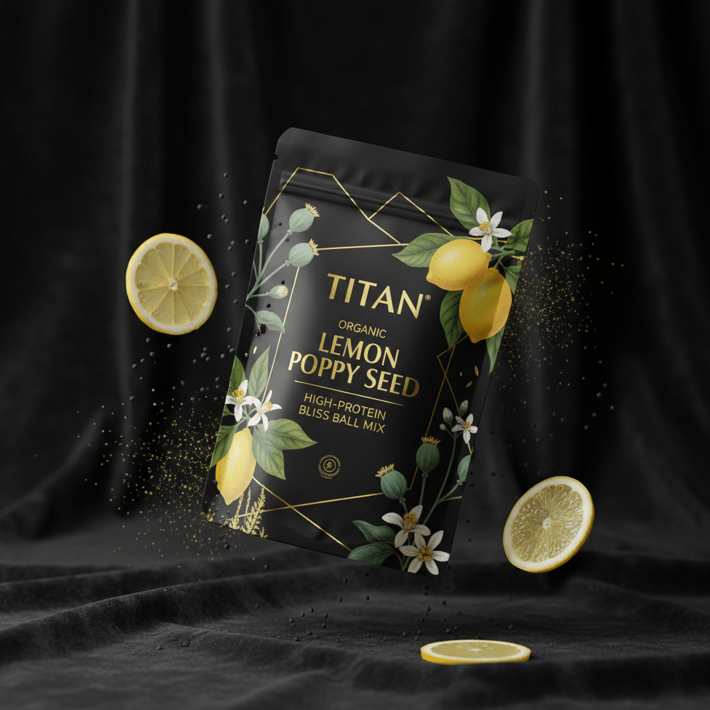 TITAN Organic High-Protein Bliss Ball Mix Lemon Poppy Seed — ultra-premium luxury editorial product shot