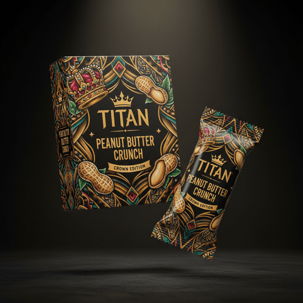 TITAN Protein Bar Peanut Butter Crunch box with peanut and crown tattoo-style Crown Edition artwork in gold, crimson and blue