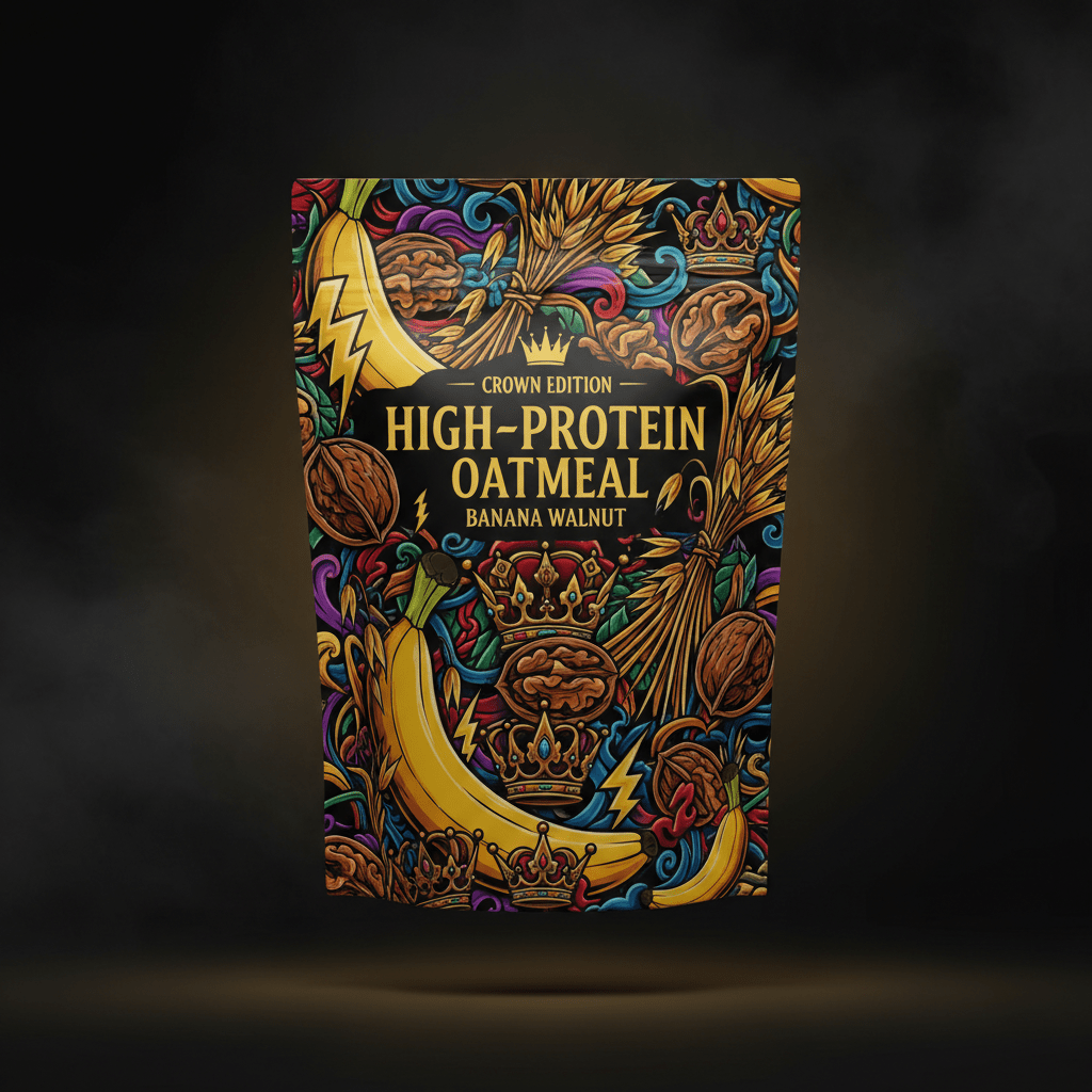 TITAN High-Protein Oatmeal Banana Walnut — Crown Edition bold tattoo-style artwork