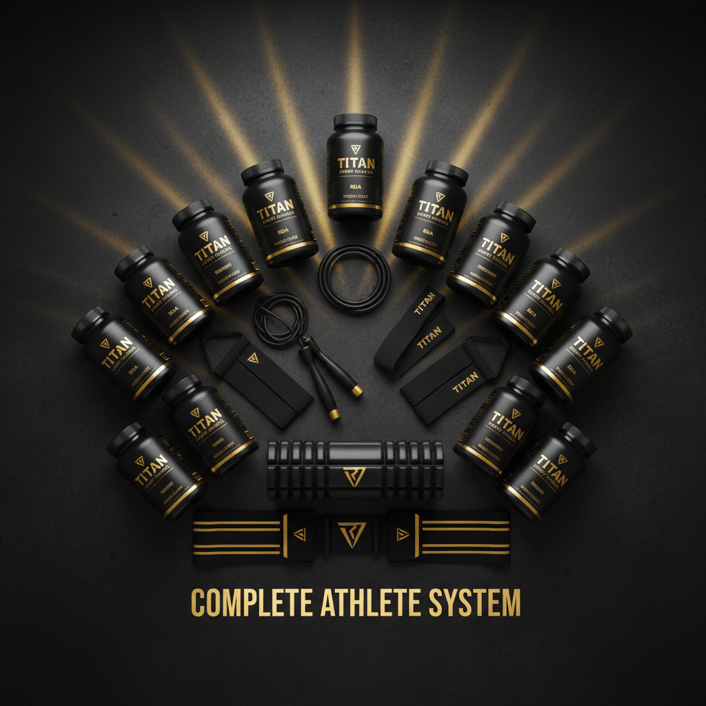 TITAN Athlete Essentials Bundle — 12 premium matte black Crown Edition products arranged in a royal crown formation with gold light rays on dark studio background