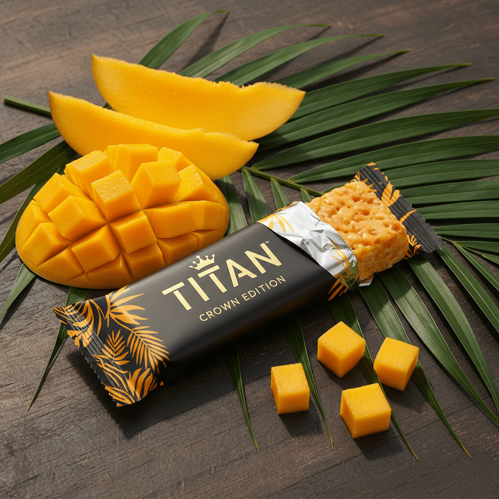 TITAN Vegan Protein Bar Tropical Mango Crown Edition — 20g protein premium product shot