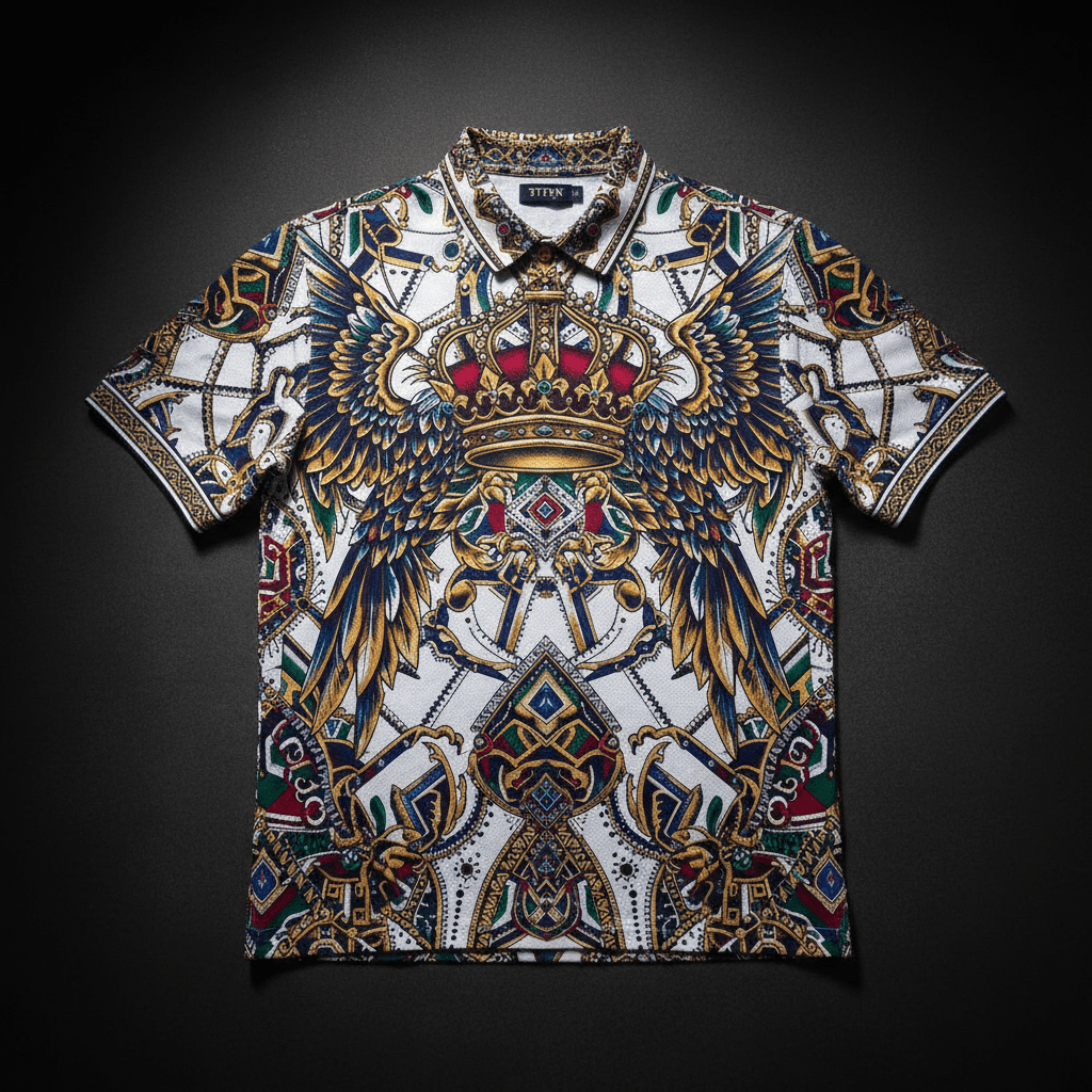 TITAN Men's Polo Shirt White - Crown Edition tattoo-style artwork