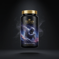 TITAN Sleep Recovery Formula supplement bottle with Crown Edition matte black and gold packaging featuring ethereal dreamscape cosmos artwork in deep indigo and violet