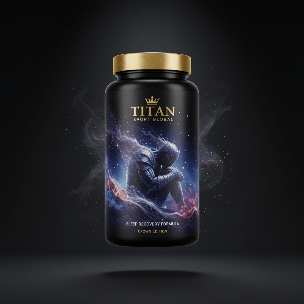 TITAN Sleep Recovery Formula supplement bottle with Crown Edition matte black and gold packaging featuring ethereal dreamscape cosmos artwork in deep indigo and violet
