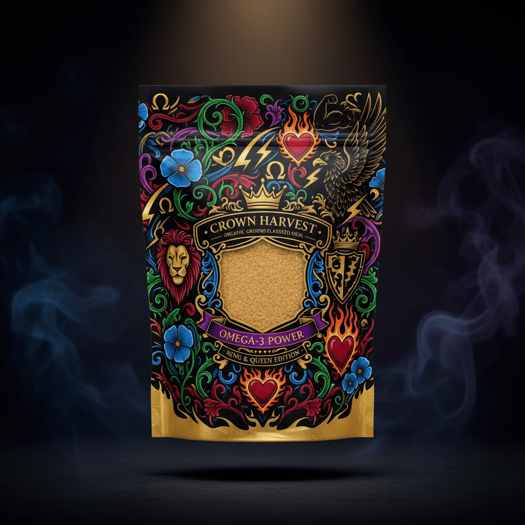 TITAN Organic Ground Flaxseed Meal — Crown Edition bold tattoo-style artwork