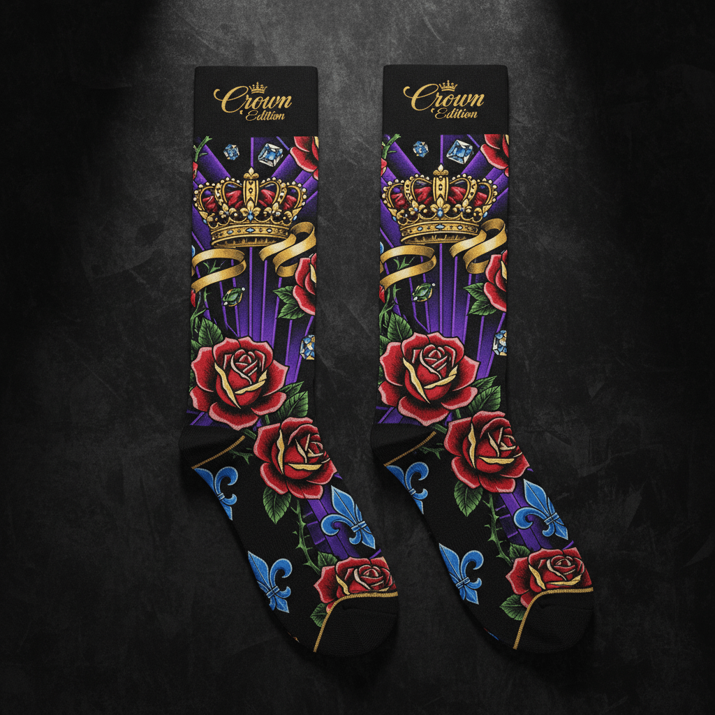 TITAN Crown Edition Tattoo Art Over-the-Calf Dress Socks - bold colorful tattoo artwork on matte black fabric