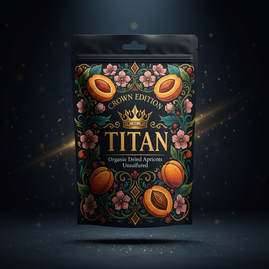 TITAN Organic Dried Apricots — Unsulfured, Crown Edition tattoo-style artwork