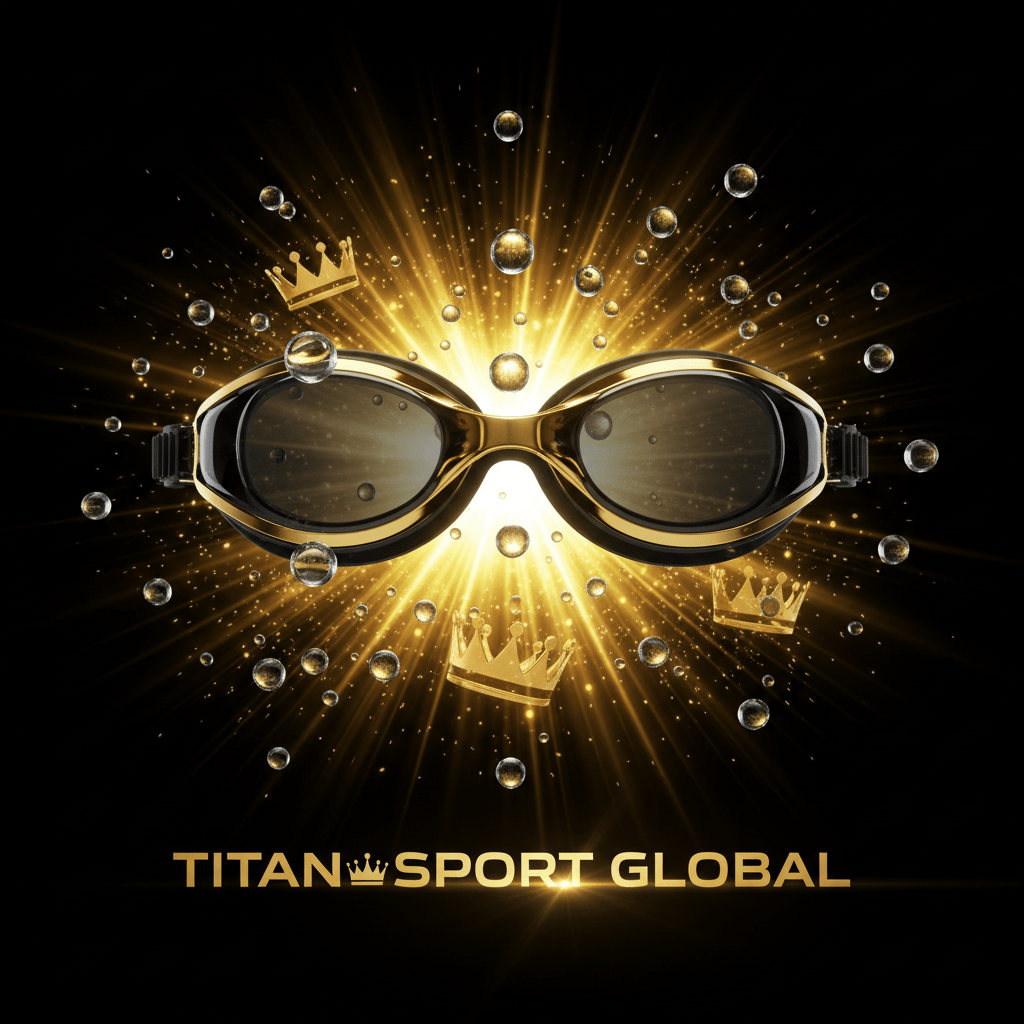 TITAN SPORT GLOBAL swimming goggles with gold crown branding on dark background
