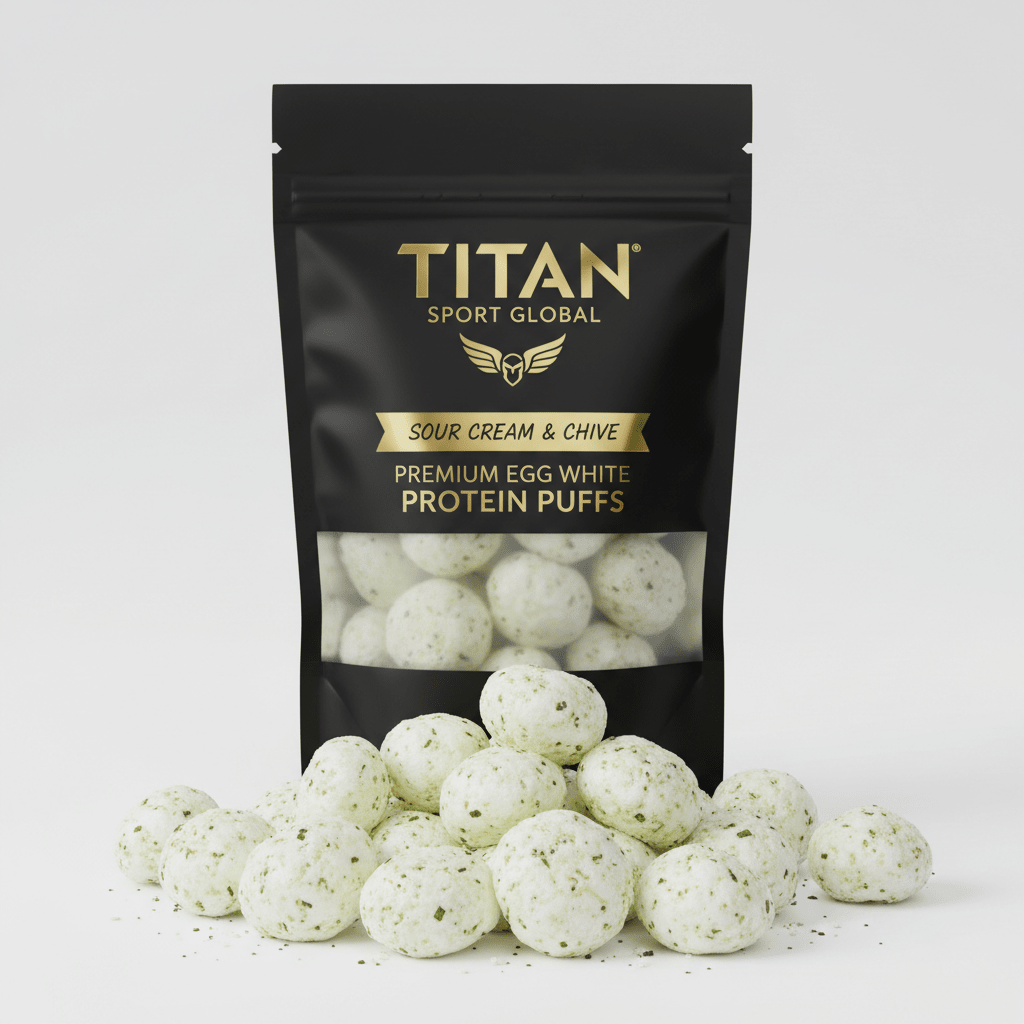 TITAN Egg White Protein Puffs Sour Cream & Chive — matte black pouch