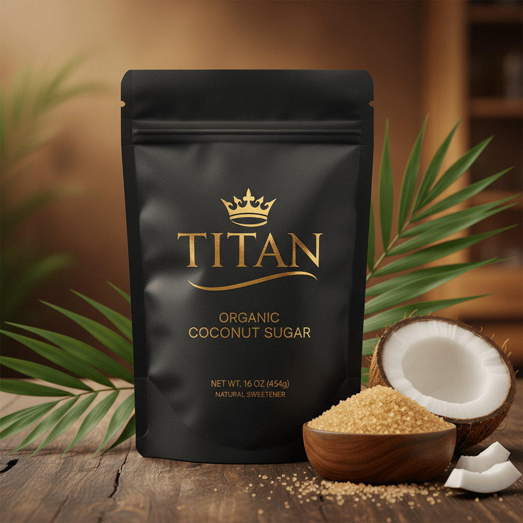 TITAN Organic Coconut Sugar Unrefined Crown Edition — premium kraft pouch product shot