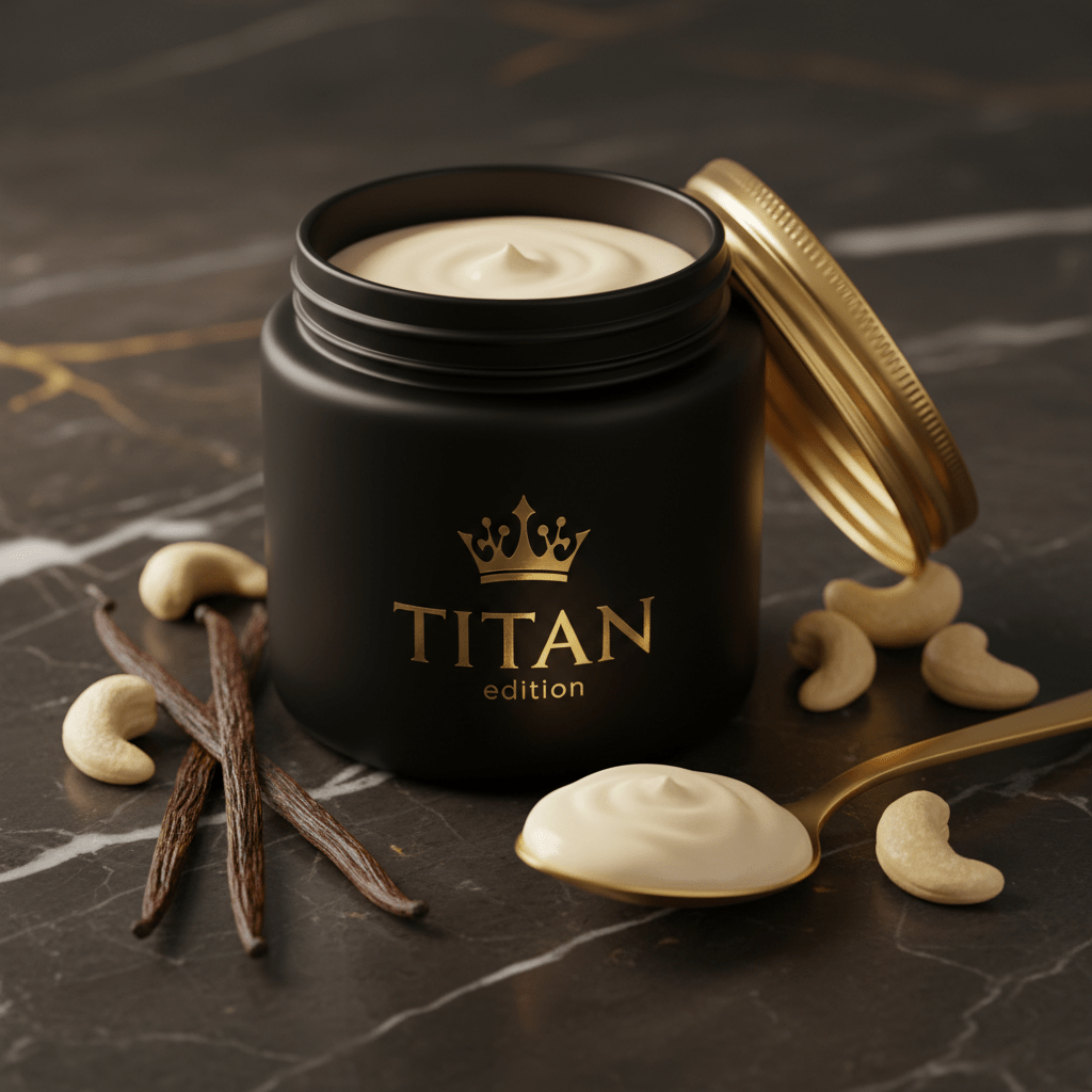 TITAN Cashew Butter Vanilla Bean Crown Edition — premium wide-mouth black glass jar product shot