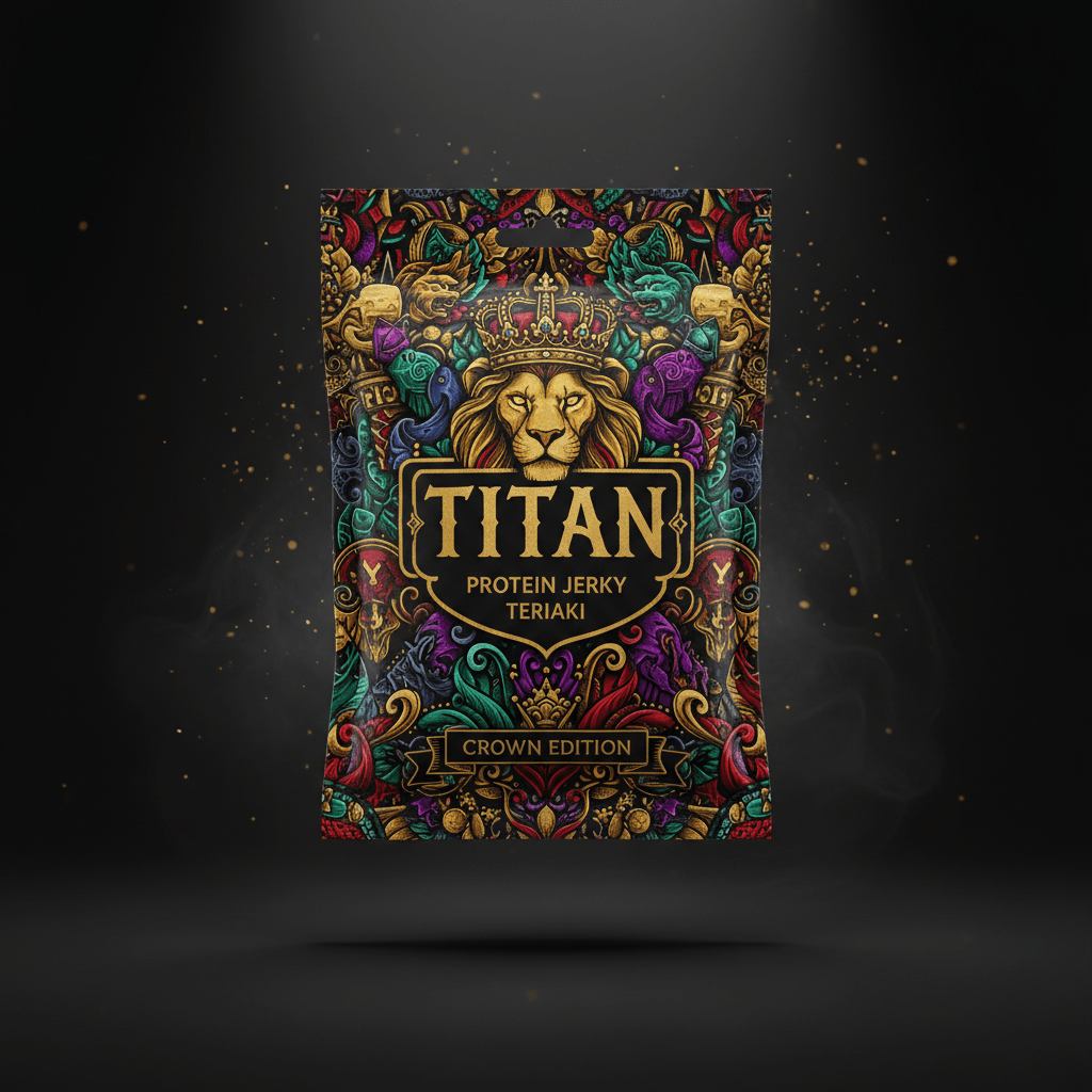 TITAN Protein Jerky Teriyaki - Crown Edition tattoo-style artwork