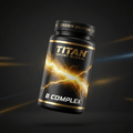 TITAN Vitamin B Complex supplement bottle with Crown Edition matte black and gold packaging featuring electric lightning bolt energy artwork in yellow and gold