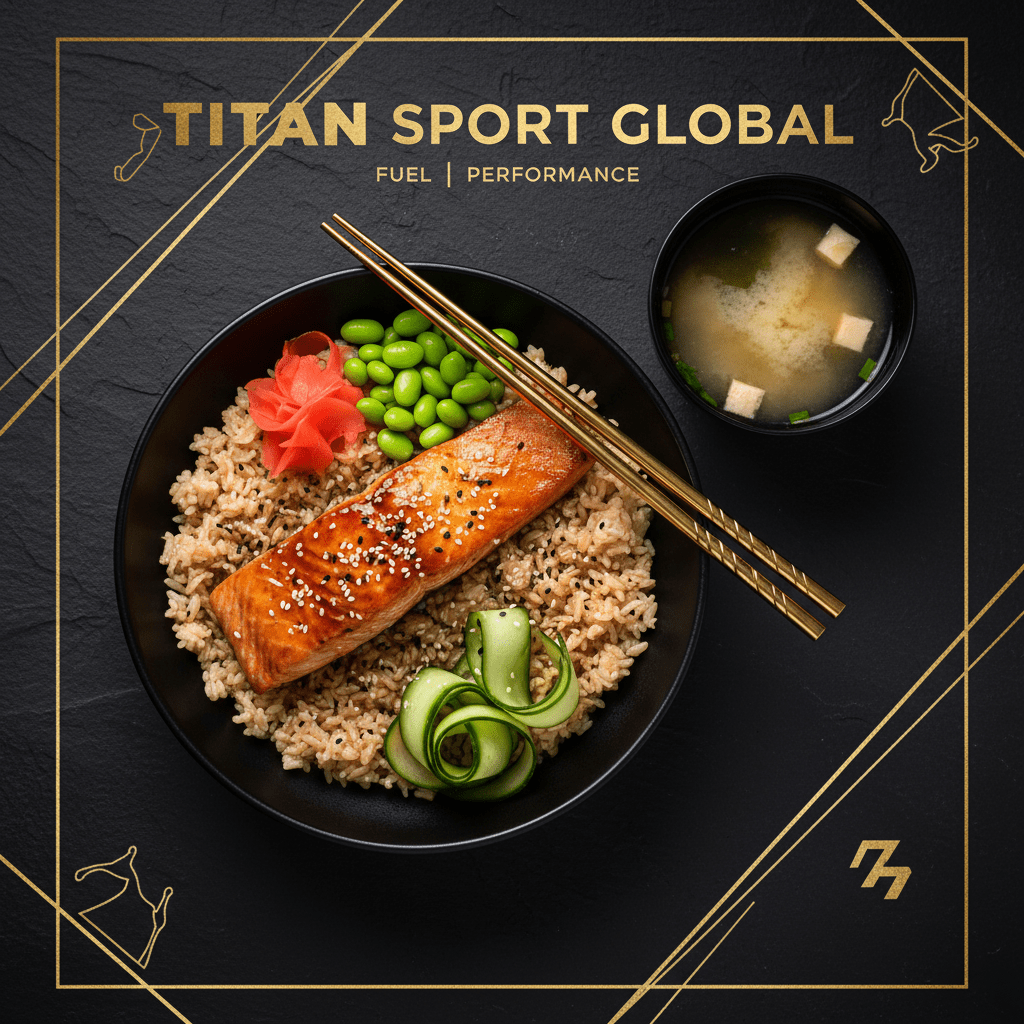 TITAN Japanese Teriyaki Salmon Rice Bowl Lunch flat lay dark luxury