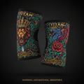 TITAN Elbow Sleeves Compression Support Pair with bold tattoo-style Crown Edition artwork