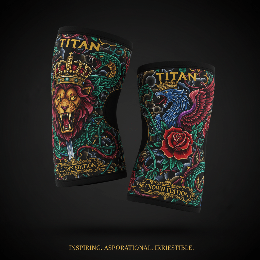 TITAN Elbow Sleeves Compression Support Pair with bold tattoo-style Crown Edition artwork