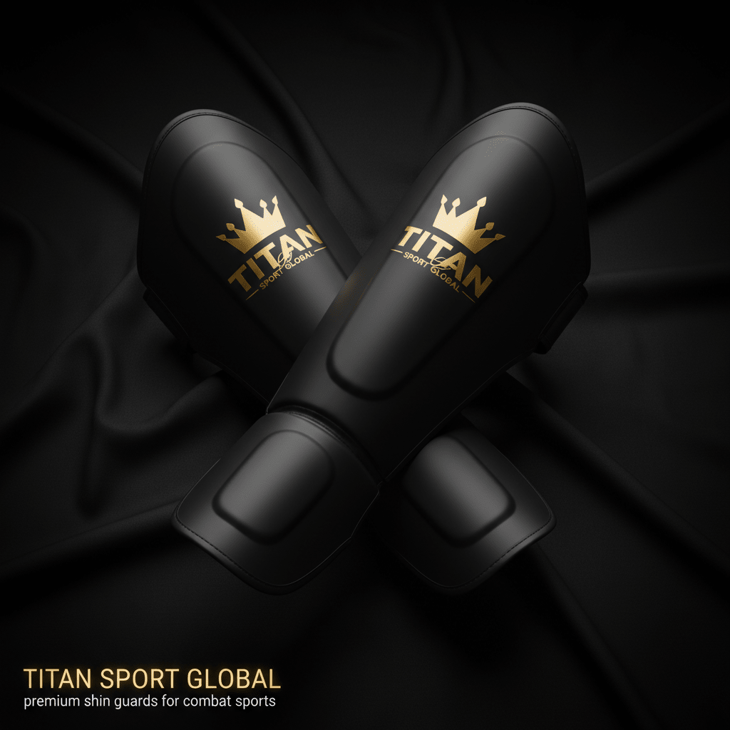 TITAN Combat Shin Guards Crown Series — matte black with gold crown logo