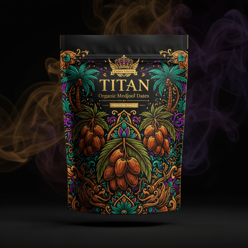 TITAN Organic Medjool Dates — Premium Whole, Crown Edition tattoo-style artwork