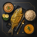 TITAN Bangladeshi Hilsa Fish Dal Breakfast flat lay dark luxury
