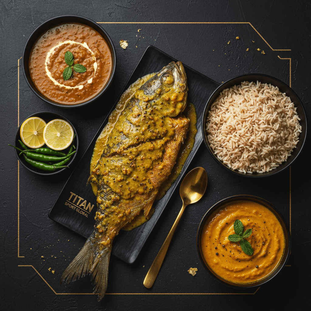 TITAN Bangladeshi Hilsa Fish Dal Breakfast flat lay dark luxury
